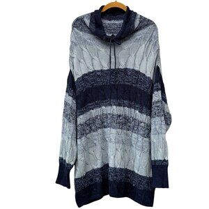 Chaps Tunic Sweater Plus Size 1X Womens Blue Stripe Cotton Blend Cable Knit